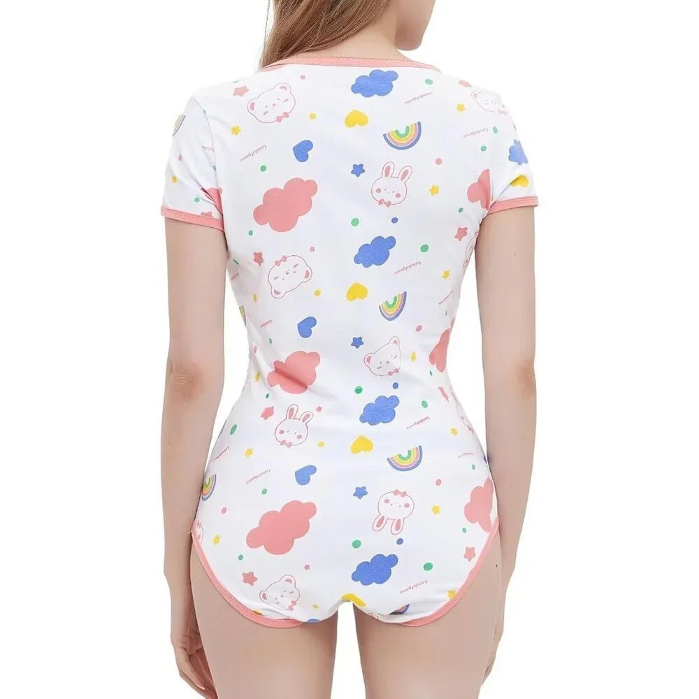 Womens Bodysuit Cotton Bodysuit Cute Print Onesie Pajamas Sleepwear Tops - Picture 4 of 7